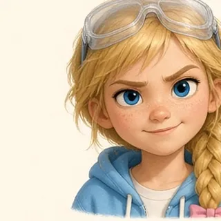 Cartoon Camille with goggles on her head and a blond braid, smiling