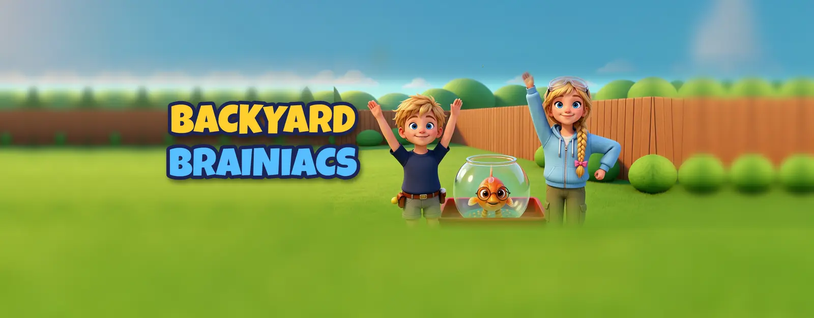 Conrad, Camille and Smarty Pants the goldfish cheering in their sunny backyard